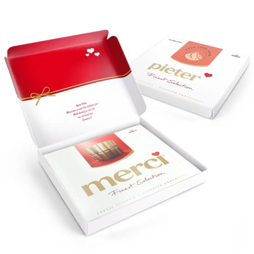 Merci finest selection chocolade met witte personaliseerbare doos van yoursurprise.nl