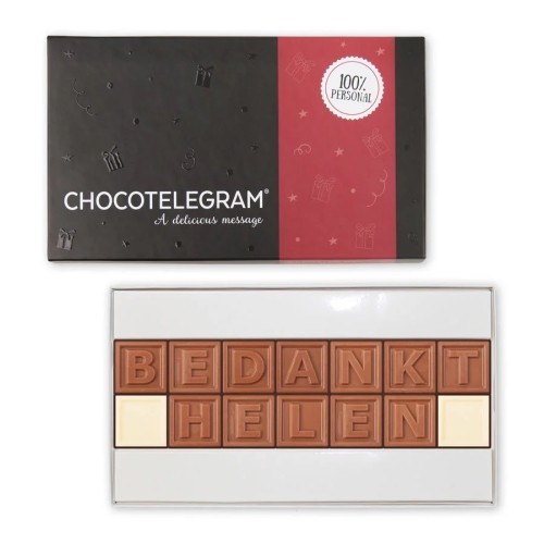 chocolade telegram met eigen tekst in chocolade gegraveerd