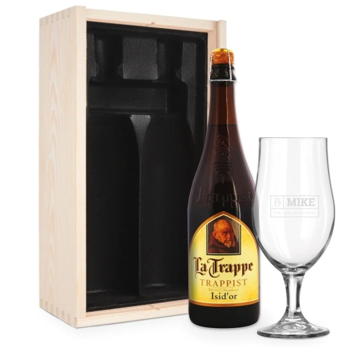 La Trappe Isid'or bier 750 ML bierfles met gegraveerd glas en houten bewaar kist